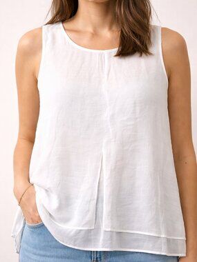 Cristina B White Sleeveless Blouse XL Sheer Layered Tank Top Flowy Boho Top